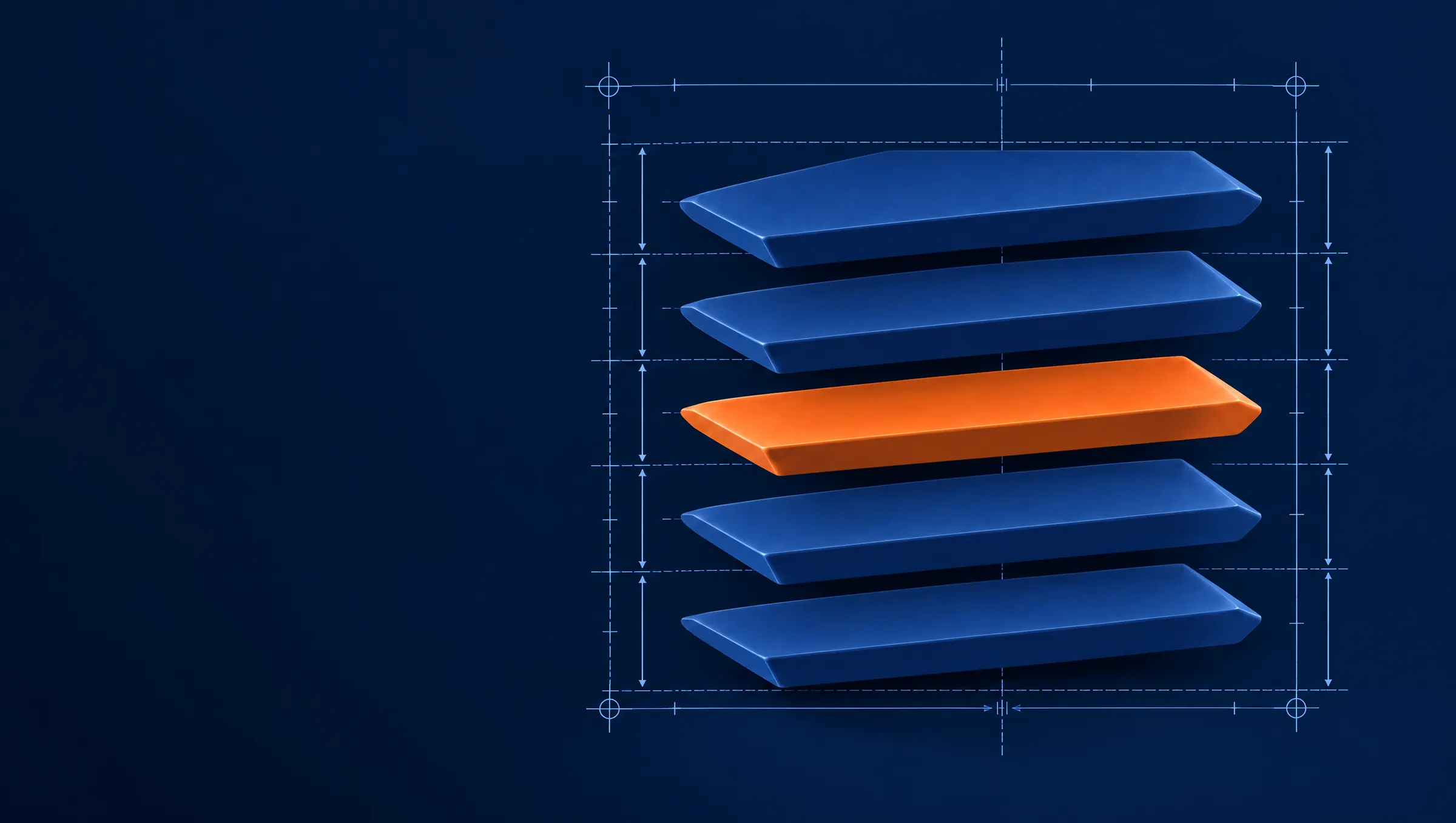 Planos azul marino perfectamente alineados dentro de un marco de medición técnica, uno de ellos naranja