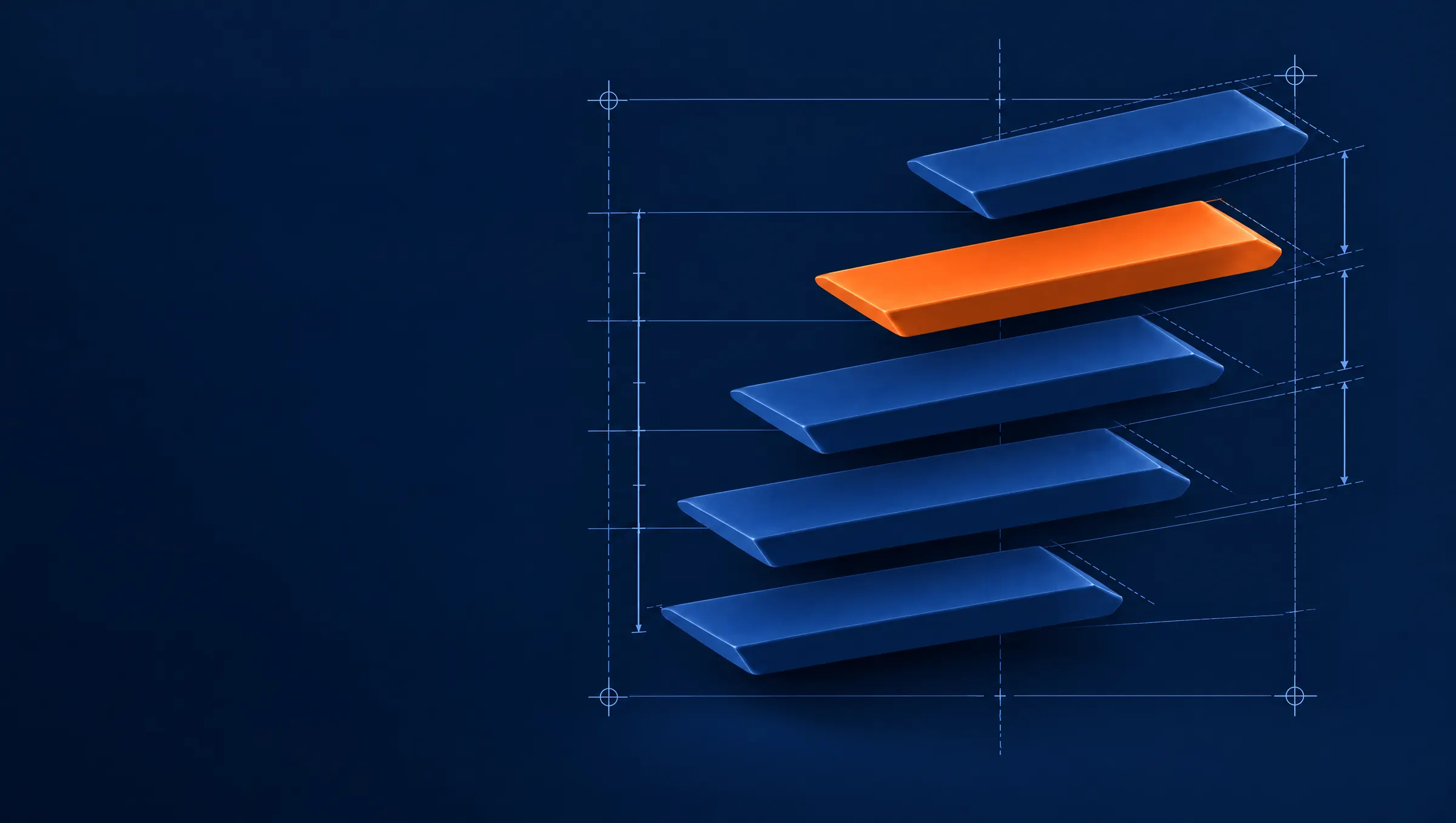 Planos azul marino dispuestos como una escalera ascendente, uno de ellos naranja, sobre un trazo de plano técnico