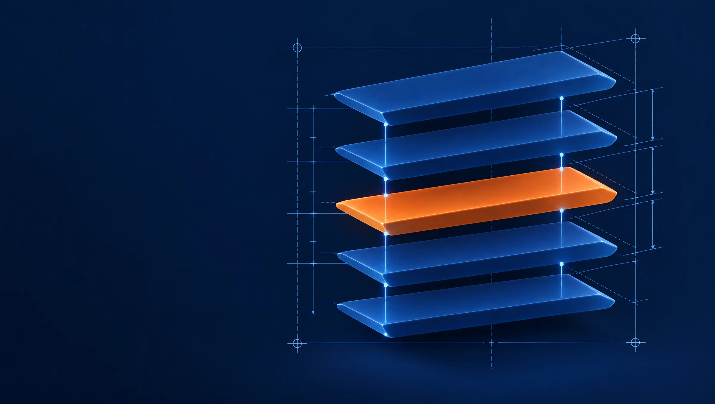 Capas de una plataforma digital apiladas y conectadas por líneas de datos, una de ellas naranja