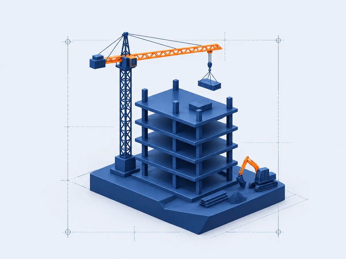 Maqueta de un edificio en obra con una grúa de pluma naranja y una excavadora