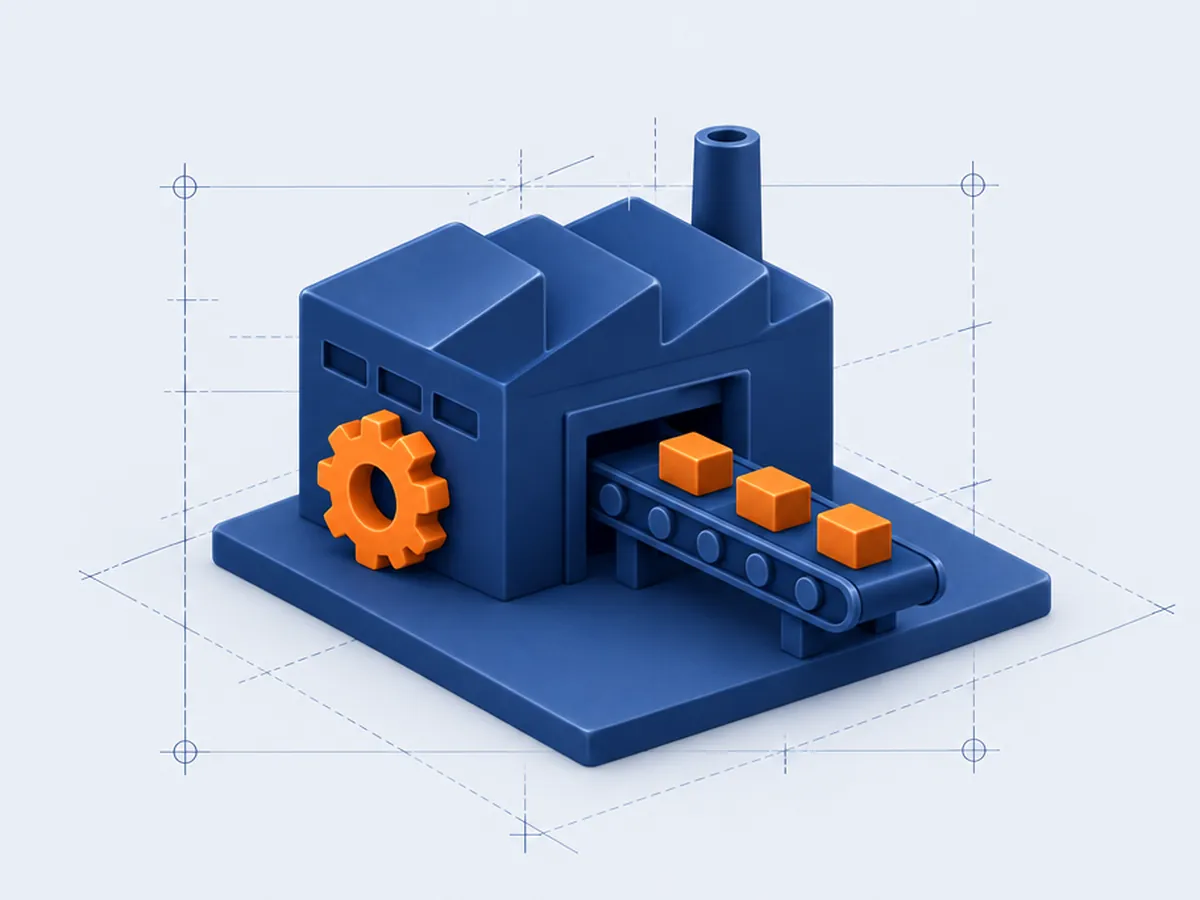 Maqueta de una planta industrial con banda transportadora y un engrane naranja